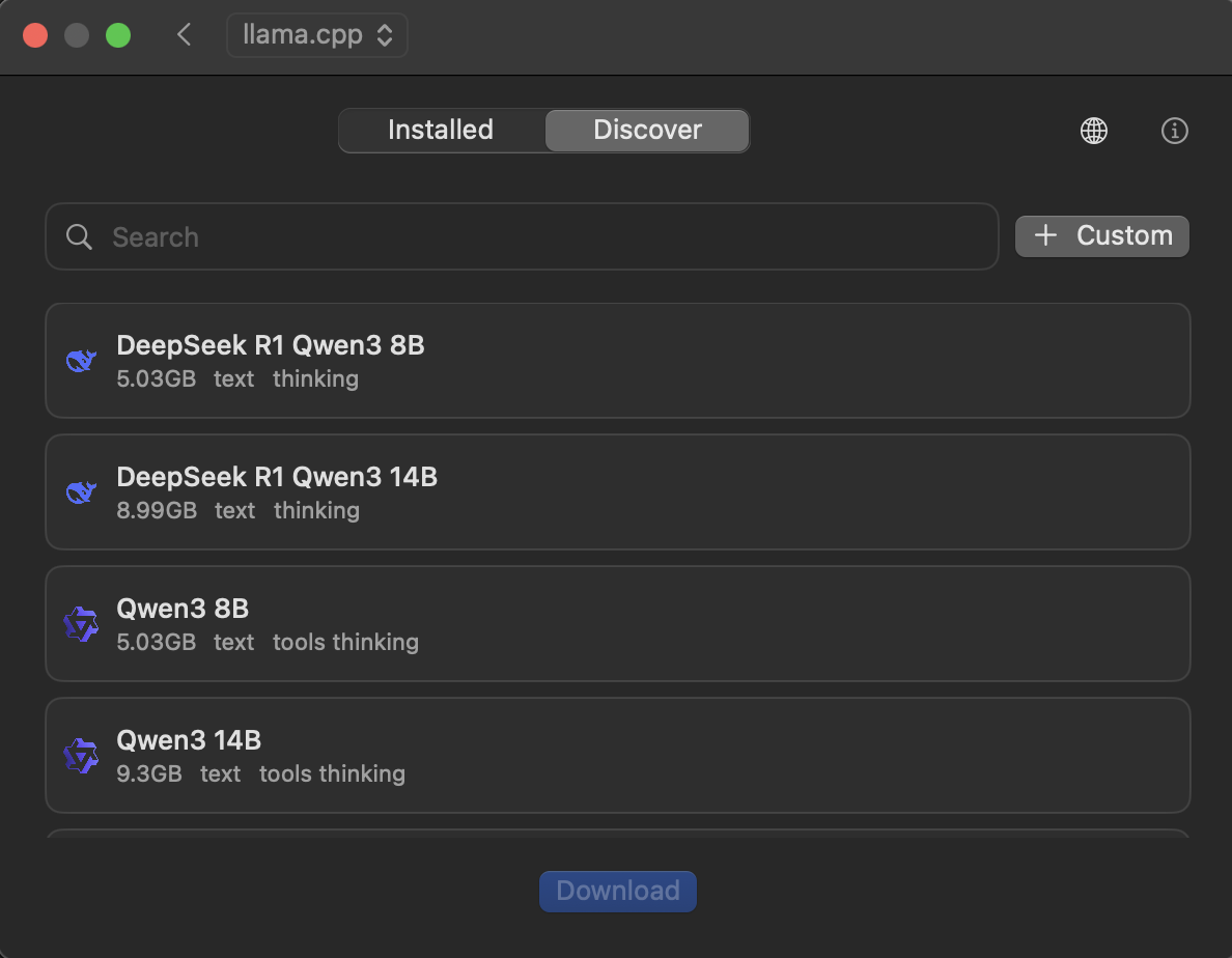 Cue Model Discovery interface showing available models with download buttons
