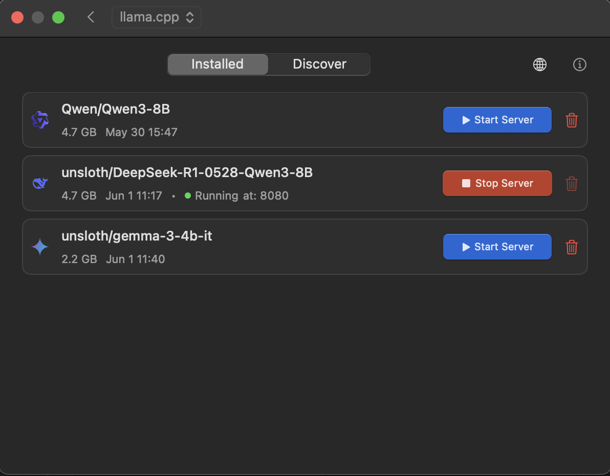 Cue's llama.cpp model list with Start Server and Stop Server buttons for each model
